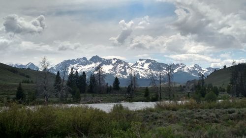 Scenic view of snowcapped mountains against sky