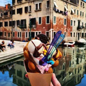 Italian ice cream in waffles popular colorful dessert in venice italy 