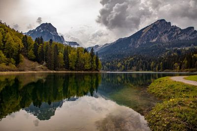 Scenic view of lake and mountains against sky