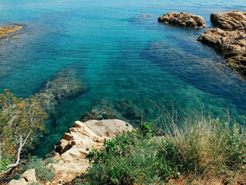 High angle view of sea against blue sky