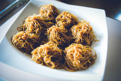 High angle view of noodles served in plate