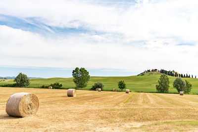 Hay bales on field against sky