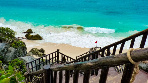 High angle view of staircase at beach