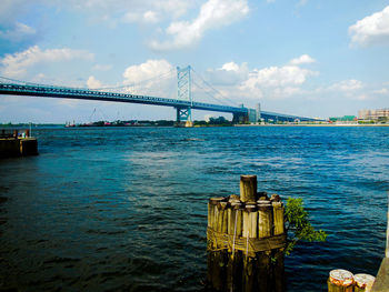 View of suspension bridge in sea