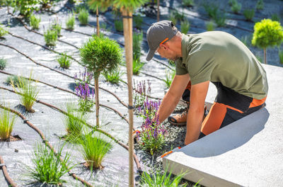 Side view of man working at farm