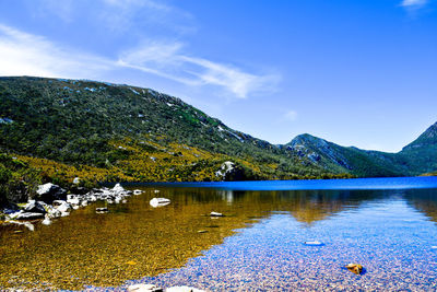 Scenic view of lake and mountains against blue sky