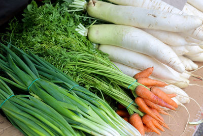 High angle view of vegetables for sale at market stall