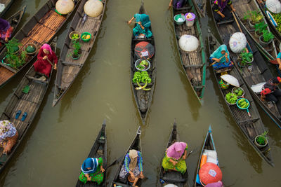 High angle view of boats in canal