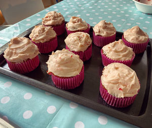 High angle view of cupcakes on table