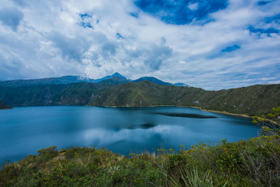 Scenic view of lake against cloudy sky