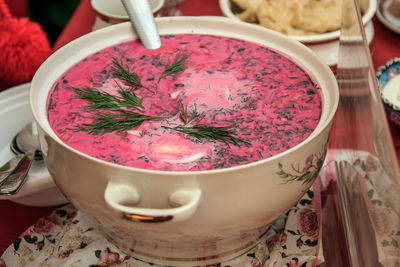 High angle view of soup in bowl on table