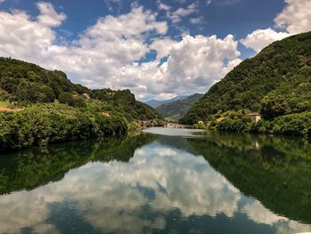 Scenic view of lake and mountains against sky