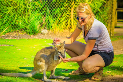 Full length of woman crouching by kangaroo