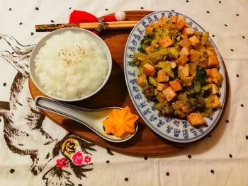 High angle view of food in plate on table