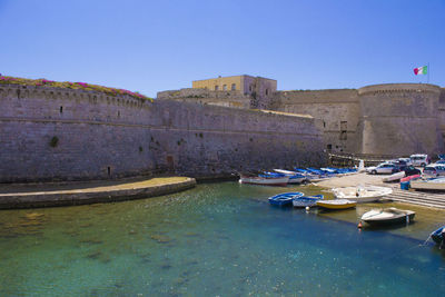 View of canal against clear blue sky