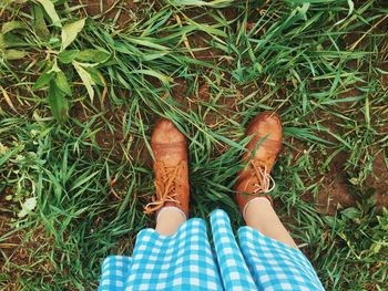 Low section of woman standing on grassy field