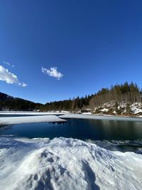 Scenic view of sea against clear blue sky during winter