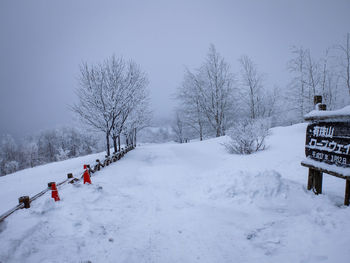 Bare trees on snow covered field against sky