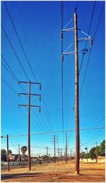 Electricity pylon on field against blue sky