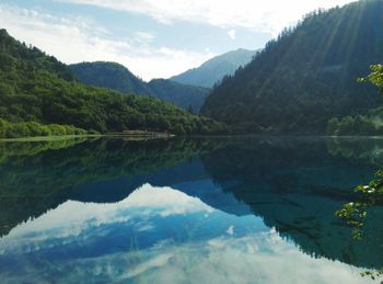 Scenic view of lake and mountains against sky