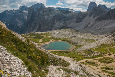 View of laghi dei piani near tre cime di lavaredo in south tyrol, alto adige, italy