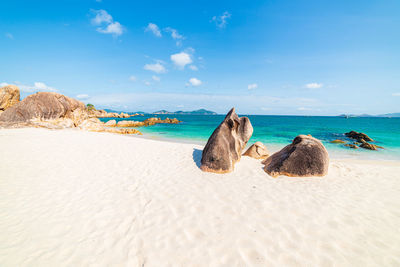 Panoramic view of people on beach against sky