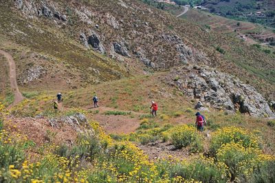 People walking on landscape against mountain range