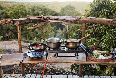 Food cooking on stove by ingredients on table against forest