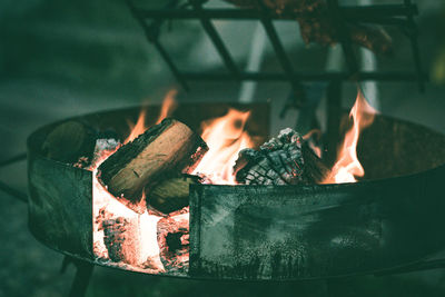 Close-up of fire on barbecue grill