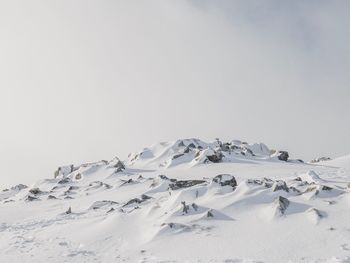 Scenic view of snow covered land against clear sky