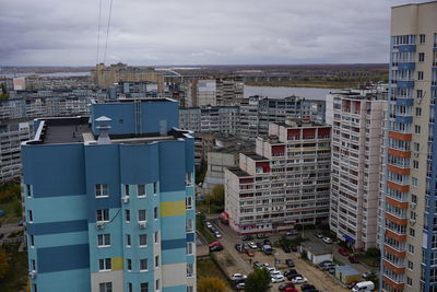 High angle view of buildings against sky