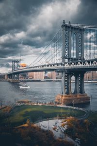 Bridge over river in city against cloudy sky