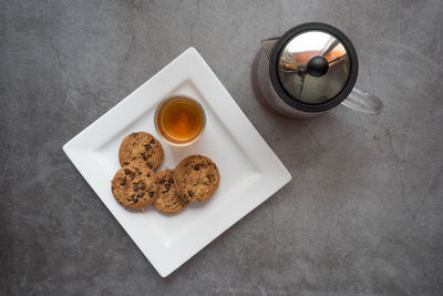 High angle view of breakfast on table