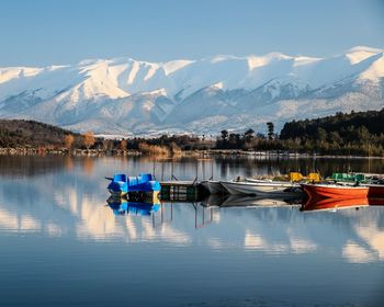 Scenic view of lake by mountains against sky