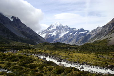 Scenic view of mountains against cloudy sky