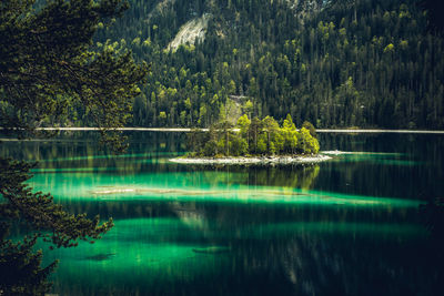 Scenic view of sandbanks and island with trees on mountain lake