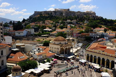 High angle view of people in front of buildings