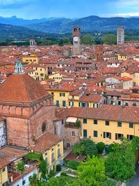 High angle view of buildings in town