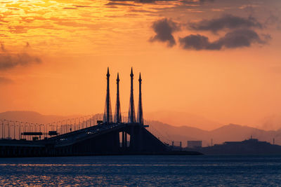 Bridge over river against sky during sunset