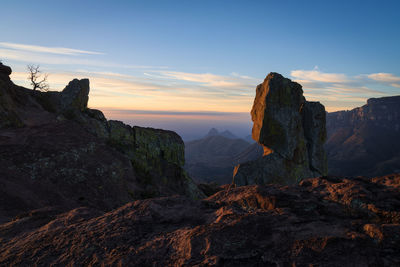 Rock formations against sky during sunset