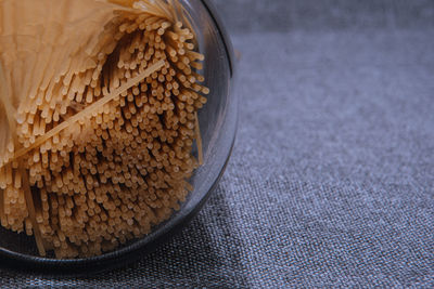 High angle view of bread in bowl on table