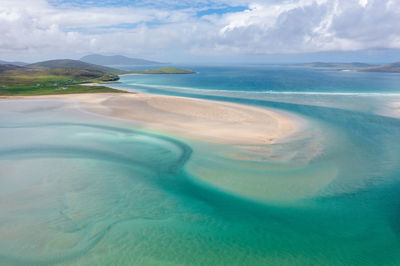 Luskentyre beach from above. drone photo taken in the isle of harris, scotland.