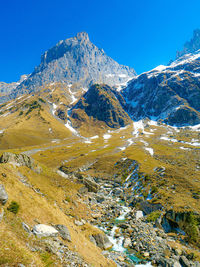 Scenic view of snowcapped mountains against clear blue sky