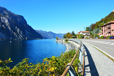 Scenic view of mountains against clear blue sky