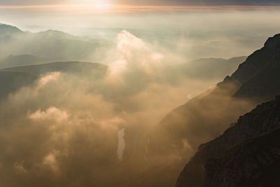 High angle view of dramatic landscape with mountains