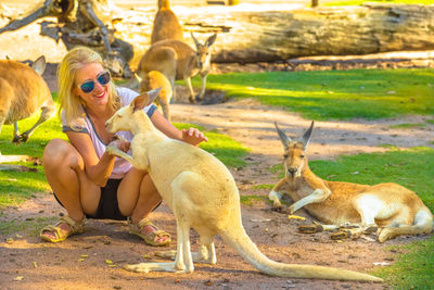 Full length of woman crouching by kangaroo