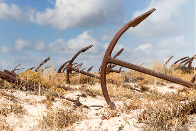 Close-up of anchors on sand against sky
