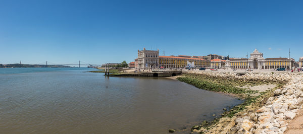 Bridge over river against buildings in city