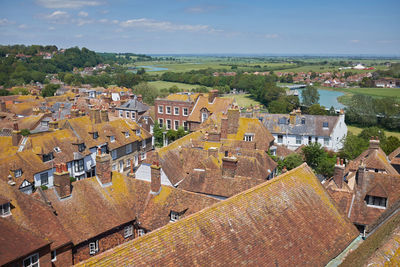 Rye, east sussex, aerial view across rooftops of picturesque cinque port town,