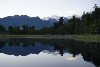 Scenic view of lake by trees against sky